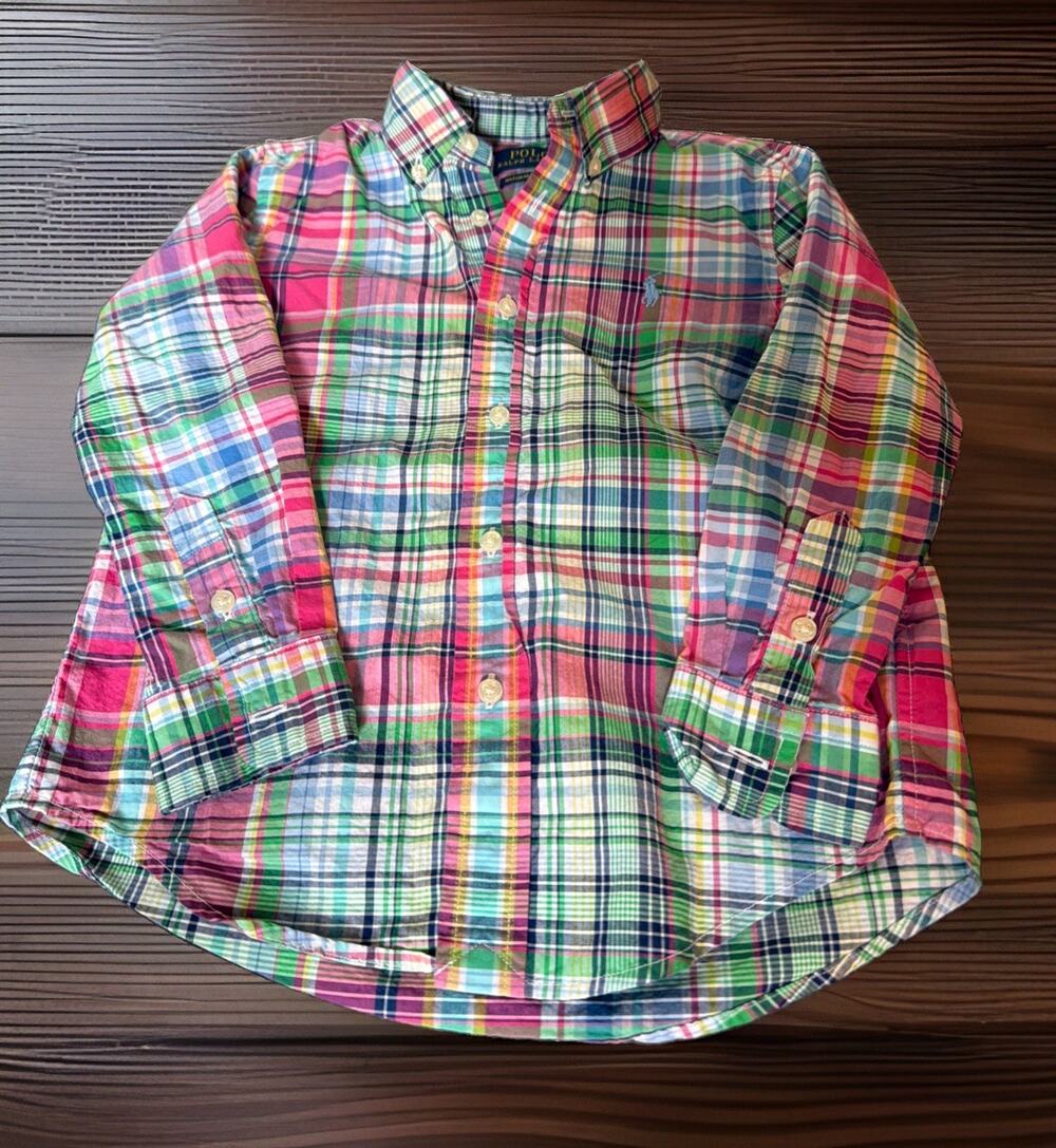 Ralph Lauren Button Down Boy Size 5 Plaid Madras Preppy Long Sleeve Shirt